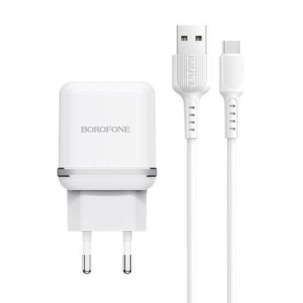 Борофон БА25А 2USB 2.4А адаптер + кабель Тип-C (Білий)